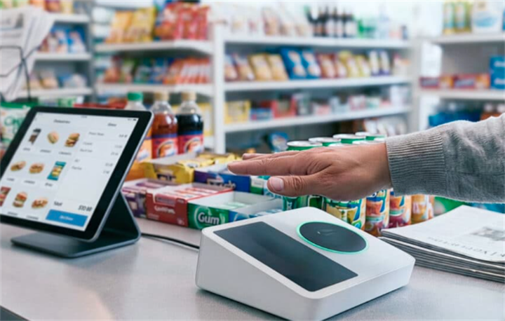 Customer using palm scan payment terminal at a retail convenience store checkout counte