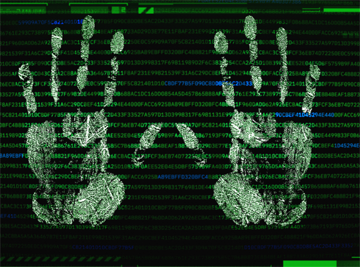 Digital graphic of two palm prints overlayed on encrypted code stream, illustrating palmprint biometric data security systems