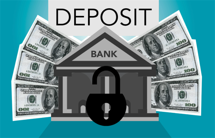Illustration of secured bank deposit services featuring a bank building, padlock and US dollar banknotes