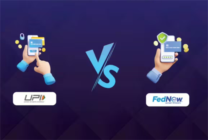 Comparison graphic contrasting India UPI and US FedNow instant payment systems side by side with VS symbo