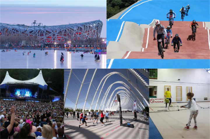 Collage showing multi-purpose post-Olympic venue uses: public ice skating, BMX racing, concerts, community sports and casual athletics