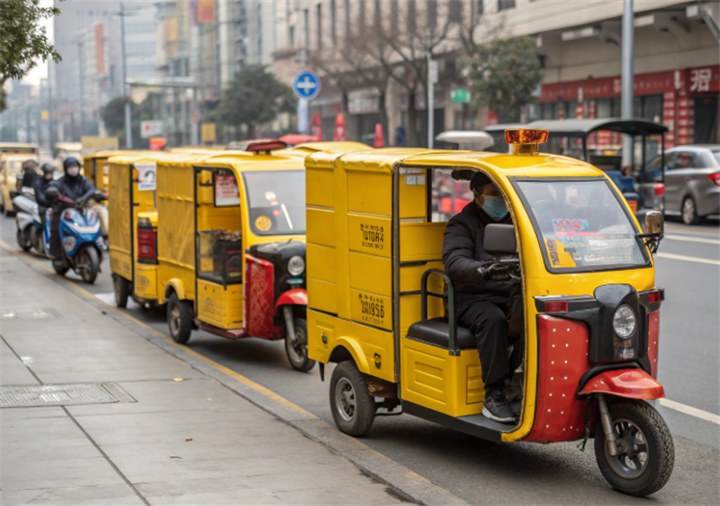 Line of yellow electric cargo three-wheelers queued on a Chinese city street for last-mile parcel delivery