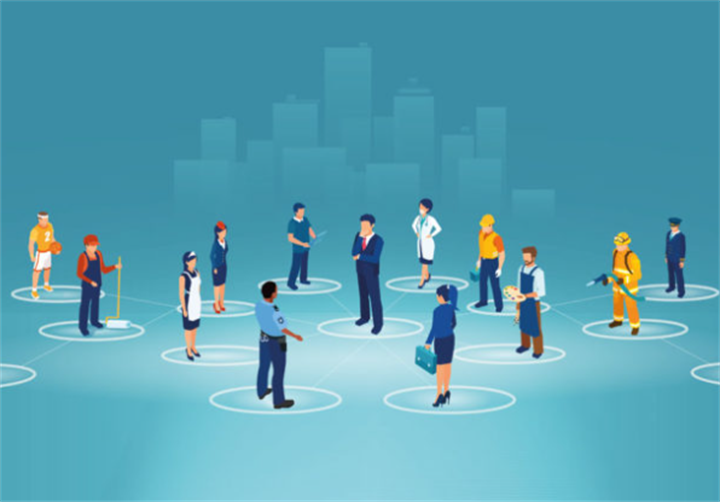 Flat vector illustration of diverse global workers across dozens of distinct professions mapped on a network, showing all job sectors impacted by contraction trends