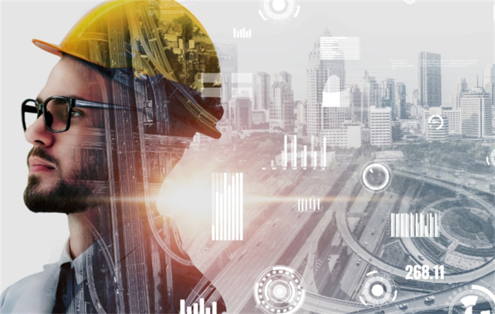 Double exposure portrait of an industrial worker over urban city infrastructure with data charts, representing declining blue-collar professions