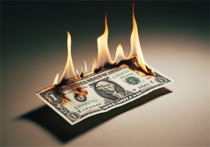 Single burning US one-dollar note on neutral background, illustrating declining reliance on dollar for international trade