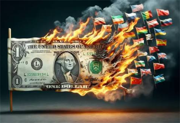 Burning one-dollar bill beside dozens of national flags, symbolizing global de-dollarization shift in cross-border trade settlements