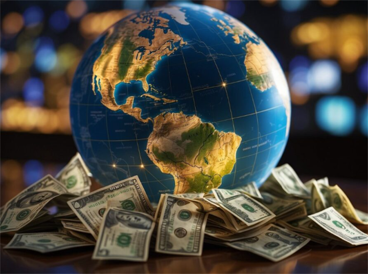 Globe of the Americas surrounded by US dollar banknotes, visualizing traditional dollar-dominated global trade finance