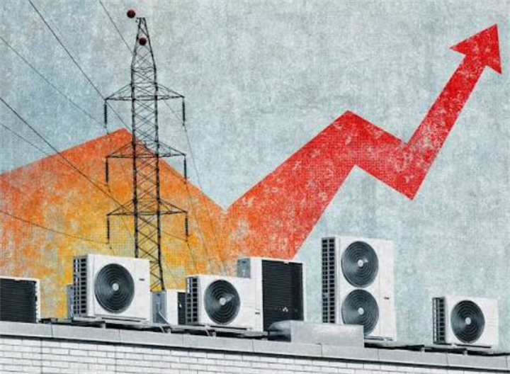 Collage art featuring rooftop air conditioning units, power line tower and steep red upward graph arrow, visualizing rising household energy demand and spiking electricity rates