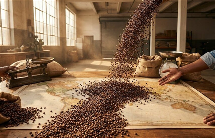 Coffee beans spread over a world map in a warehouse, showing global coffee commodity trade