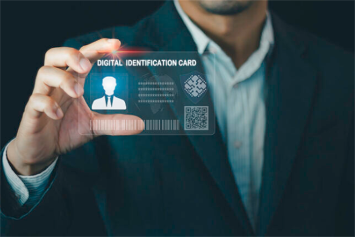 Businessman presenting a holographic digital identification card with QR code and security features