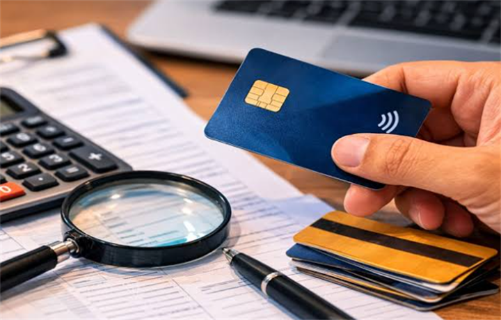 Hand holding a black credit card above a scattered collection of various bank payment cards