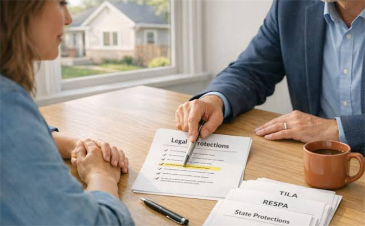 Financial advisor pointing to a 'Legal protections' document to explain debtor rights to a female client