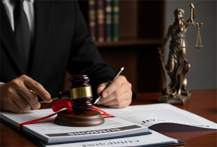 Lawyer’s desk with judge gavel, legal paperwork and Lady Justice statue representing debt protection court regulations