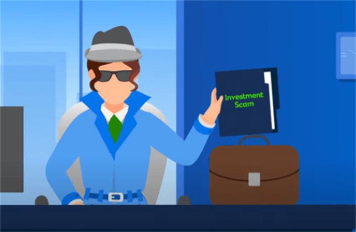 Cartoon detective holding a folder labeled Investment Scam, illustrating investigation of fake institutional fraud schemes