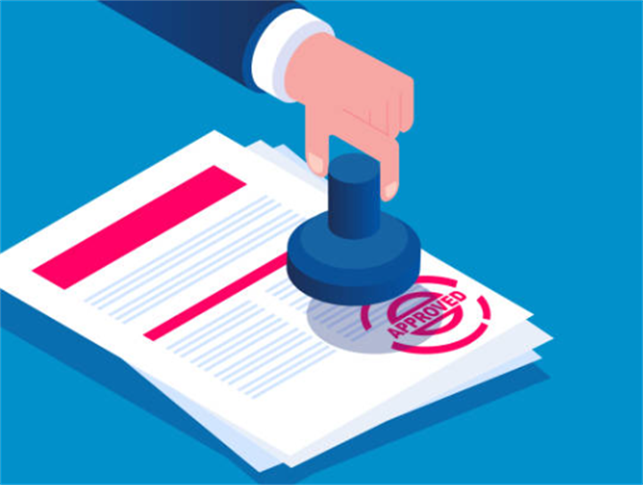 Flat illustration of a hand stamping an APPROVED seal on official paperwork, representing authentic government document authentication