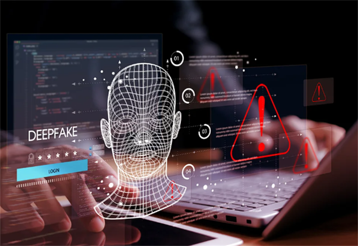 Deepfake AI face wireframe with red warning signs, representing AI-generated video fraud risks