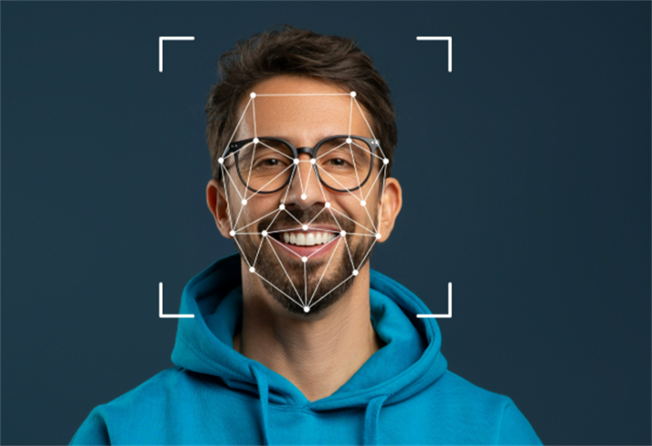 Facial recognition technology mapping facial key points on a man’s face for identity verification