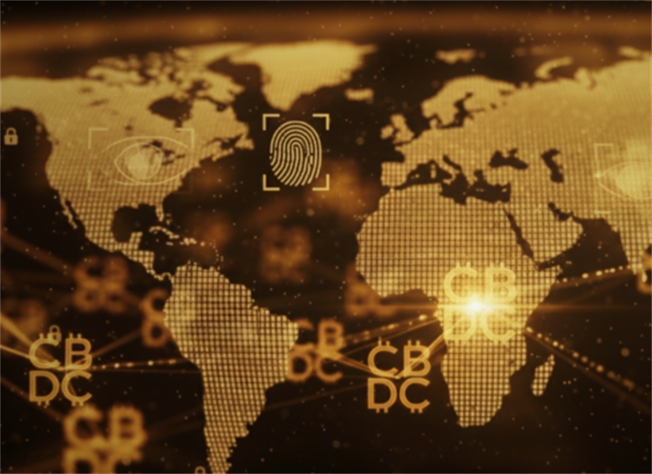 World map background with CBDC symbols and biometric authentication icons, showing secure global central bank digital currency networks