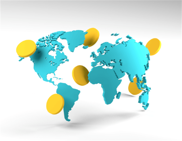 3D world map with coins across continents, visualizing the global spread and adoption of CBDC projects