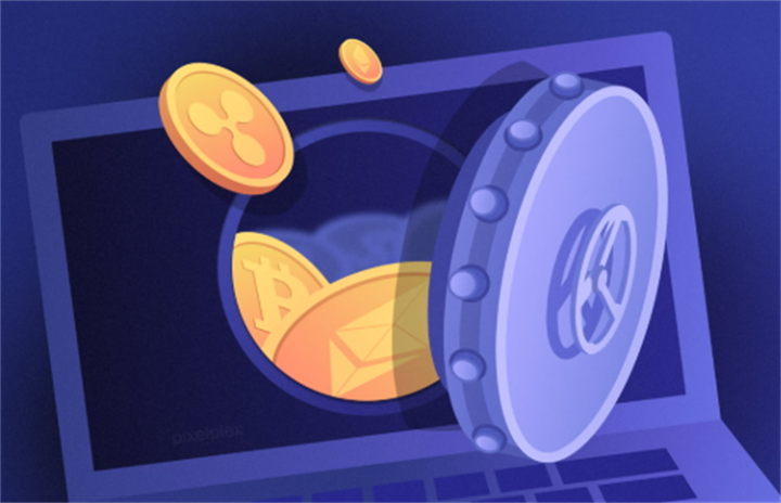Illustration of cryptocurrency coins like Bitcoin and Ethereum being secured in a digital vault inside a laptop, highlighting digital asset security