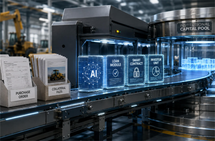 Industrial automated pipeline showing AI loan modules, smart contracts and factory operational data for business lending
