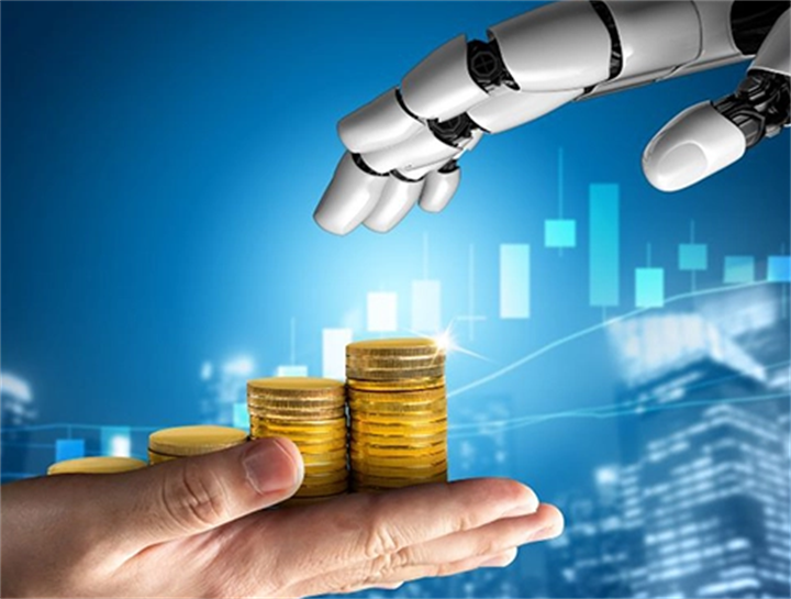 Robotic hand reaching toward stacks of gold coins, representing AI-powered data-driven business loan capital evaluation