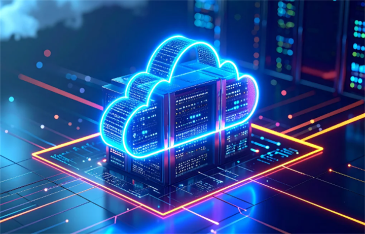 Neon glowing cloud server symbolizing cloud-stored machine runtime data used to underwrite business loans