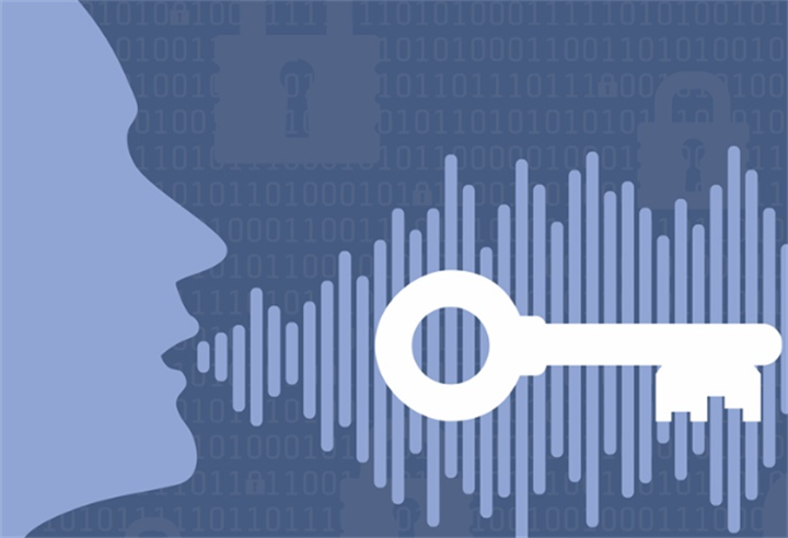 Person silhouette with voice audio waves and security key symbol, visualizing voice as an authentication password for banking identity verification