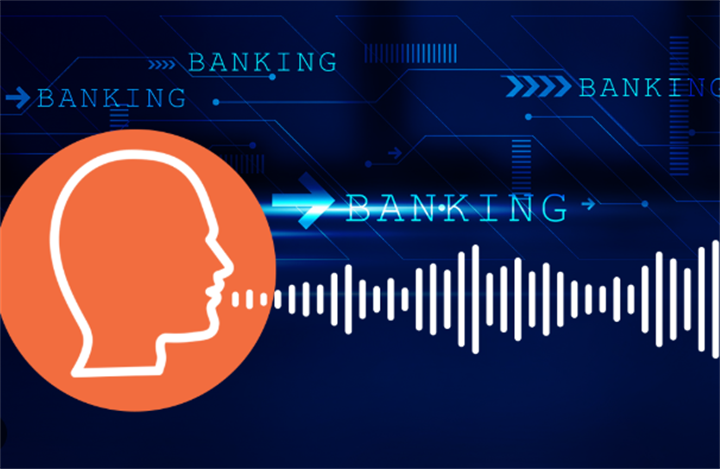 Human profile with audio waveform and banking tech graphics, representing voice biometrics used in digital banking services
