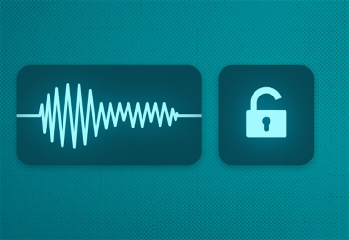Sound wave graphic paired with unlocked padlock icon, illustrating voice biometric security risks for banking passwords