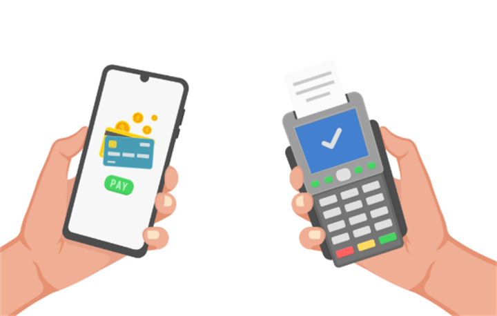 Flat illustration of consumer smartphone payment and merchant POS terminal for offline checkout systems
